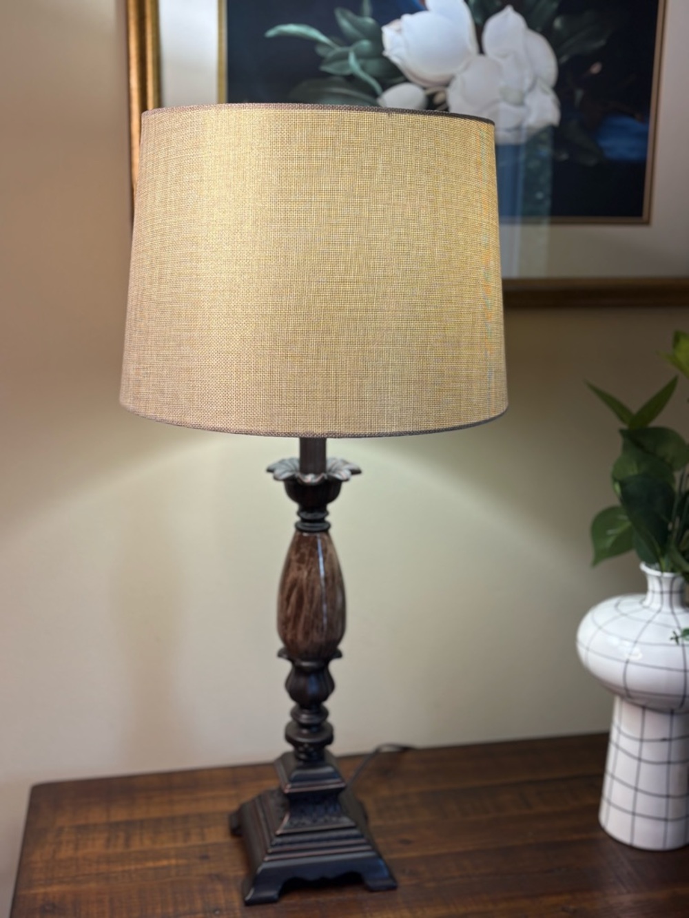 Allen + Roth Bronze Plug In Resin Base Lamp With Fabric Shade - Picture 4 of 10
